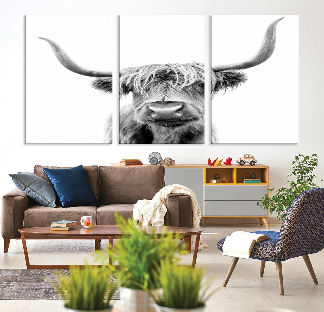 Highland Cow Canvas Wall Art Farmhouse Decor Cow Black White Print Rustic Wall Decor Animals Painting Scottish Cow Wall