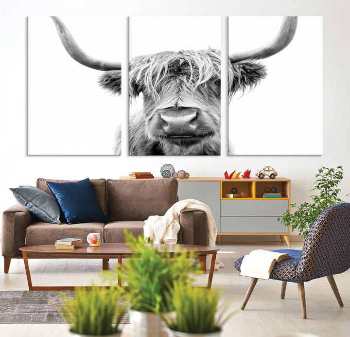 Highland Cow Canvas Wall Art Farmhouse Decor Cow Black White Print Rustic Wall Decor Animals Painting Scottish Cow Wall