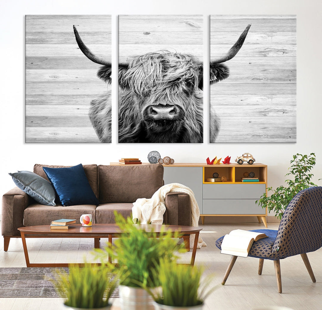 Highland Cow Canvas Wall Art Farmhouse Decor Cow Black White Print Rustic Wall Decor Animals Painting Scottish Cow Wall