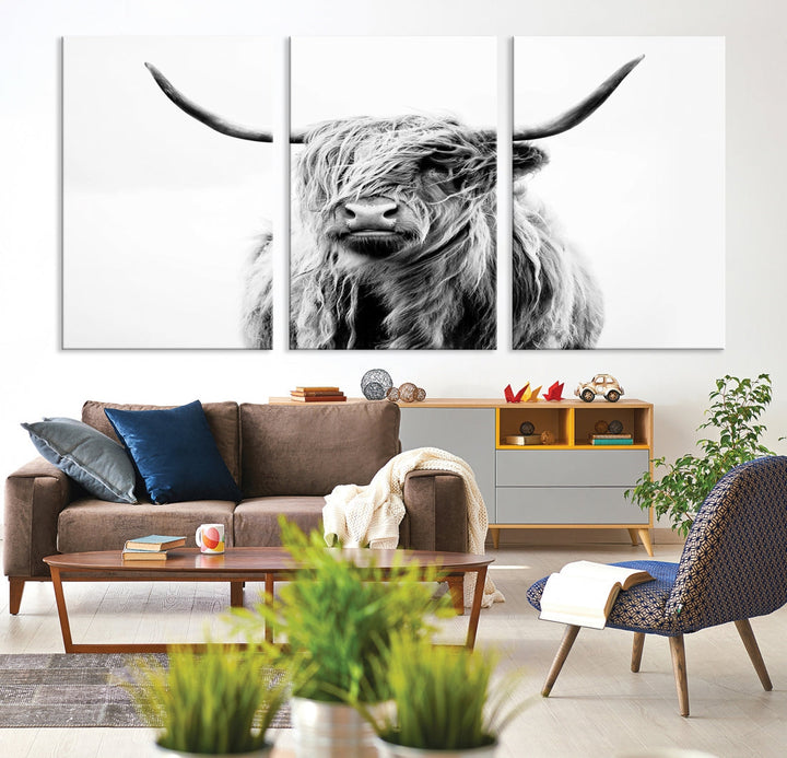 Highland Cow Canvas Wall Art Farmhouse Decor Cow Black White Print Rustic Wall Decor Animals Painting Scottish Cow Wall