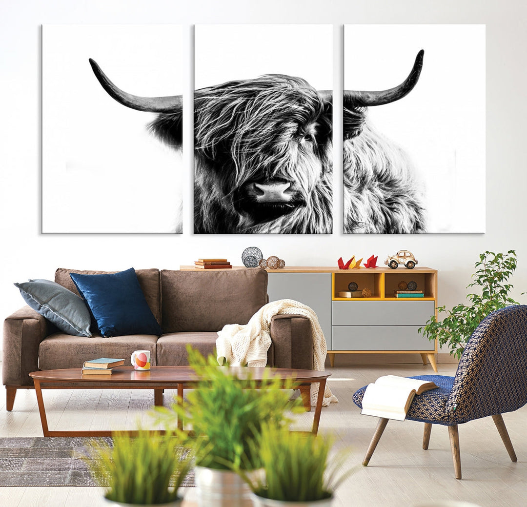 Highland Cow Canvas Wall Art Farmhouse Decor Cow Black White Print Rustic Wall Decor Animals Painting Scottish Cow Wall