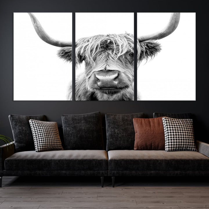 Highland Cow Canvas Wall Art Farmhouse Decor Cow Black White Print Rustic Wall Decor Animals Painting Scottish Cow Wall