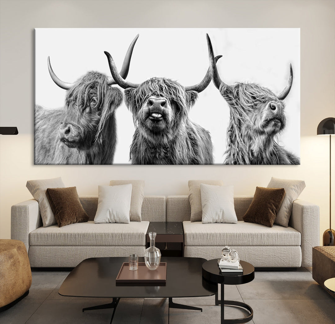 Highland Cow Canvas Wall Art Farmhouse Decor Cow Black White Print Rustic Wall Decor Animals Painting Scottish Cow Wall