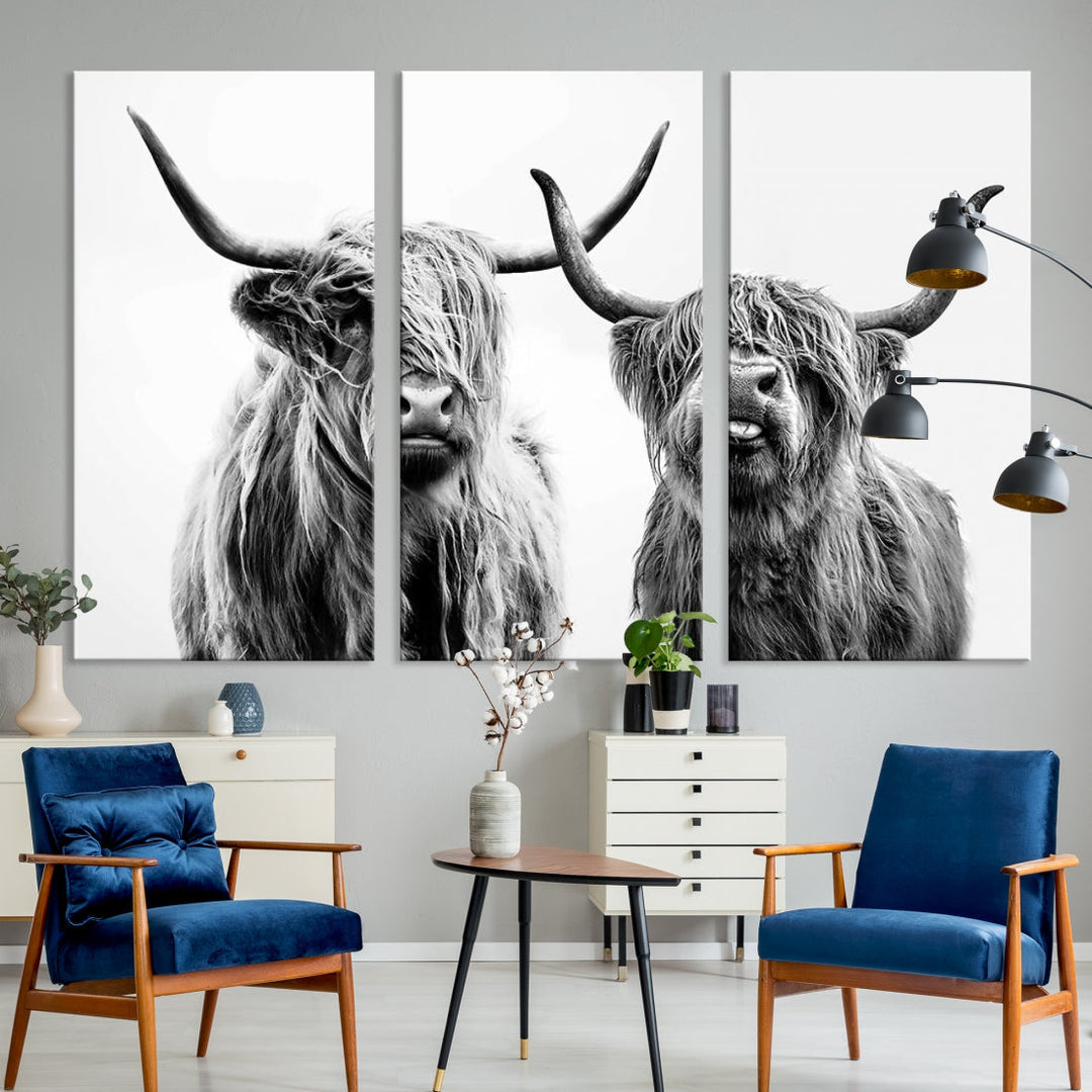 Highland Cow Canvas Wall Art Farmhouse Decor Cow Black White Print Rustic Wall Decor Animals Painting Scottish Cow Wall