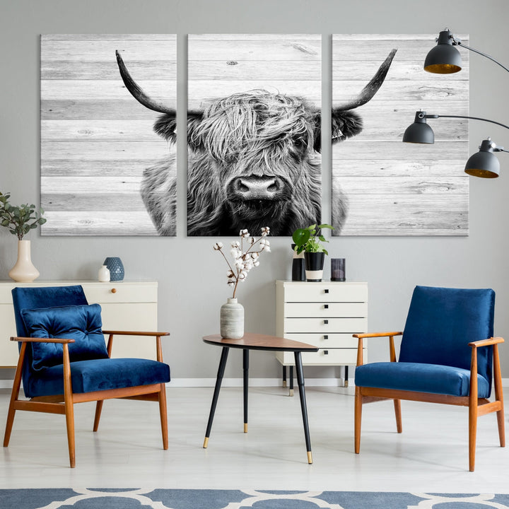 Highland Cow Canvas Wall Art Farmhouse Decor Cow Black White Print Rustic Wall Decor Animals Painting Scottish Cow Wall