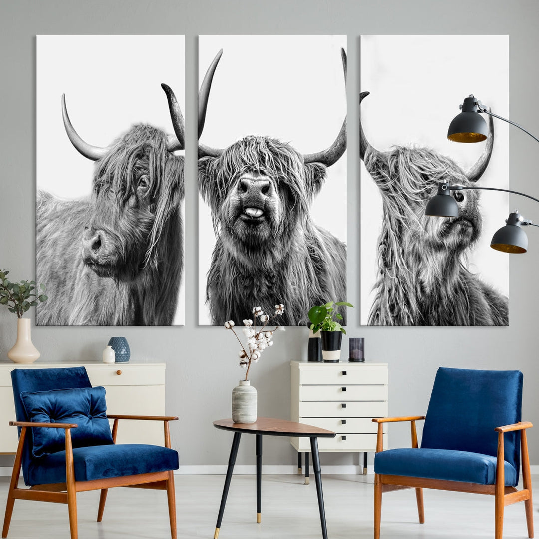 Highland Cow Canvas Wall Art Farmhouse Decor Cow Black White Print Rustic Wall Decor Animals Painting Scottish Cow Wall