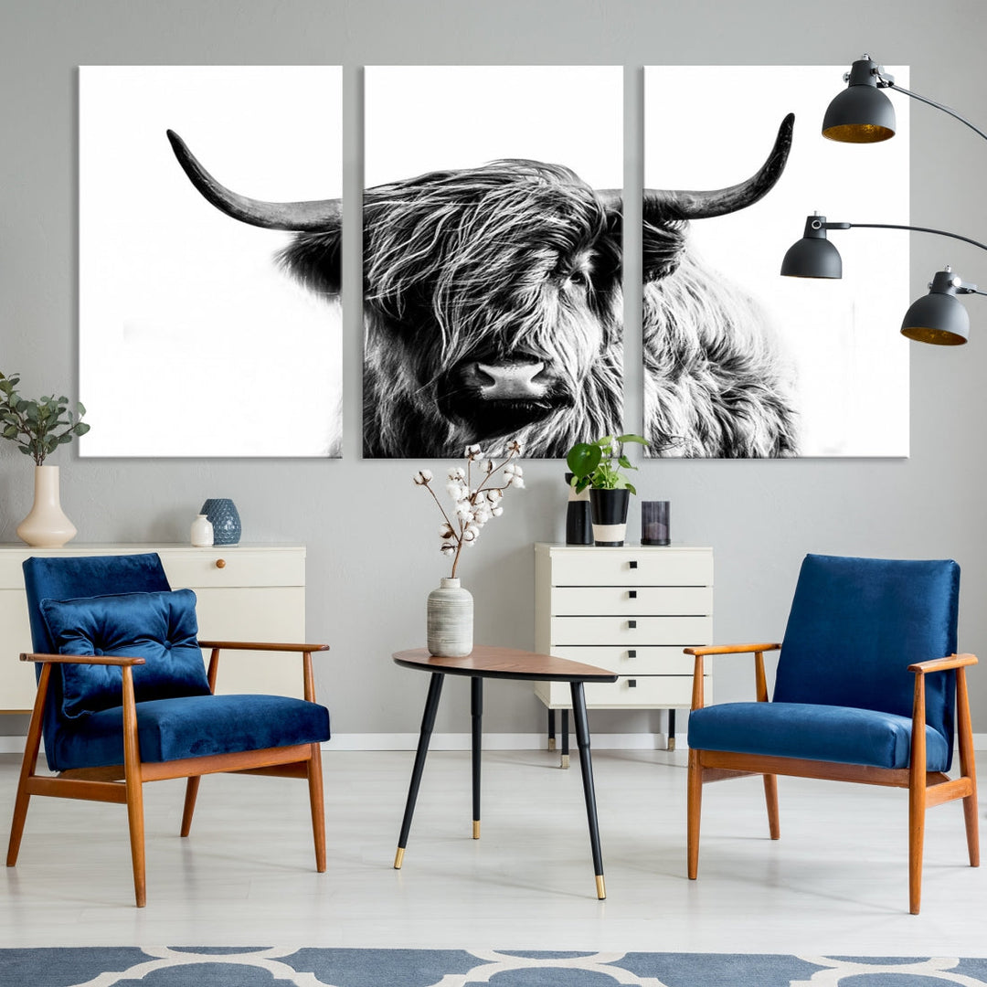 Highland Cow Canvas Wall Art Farmhouse Decor Cow Black White Print Rustic Wall Decor Animals Painting Scottish Cow Wall