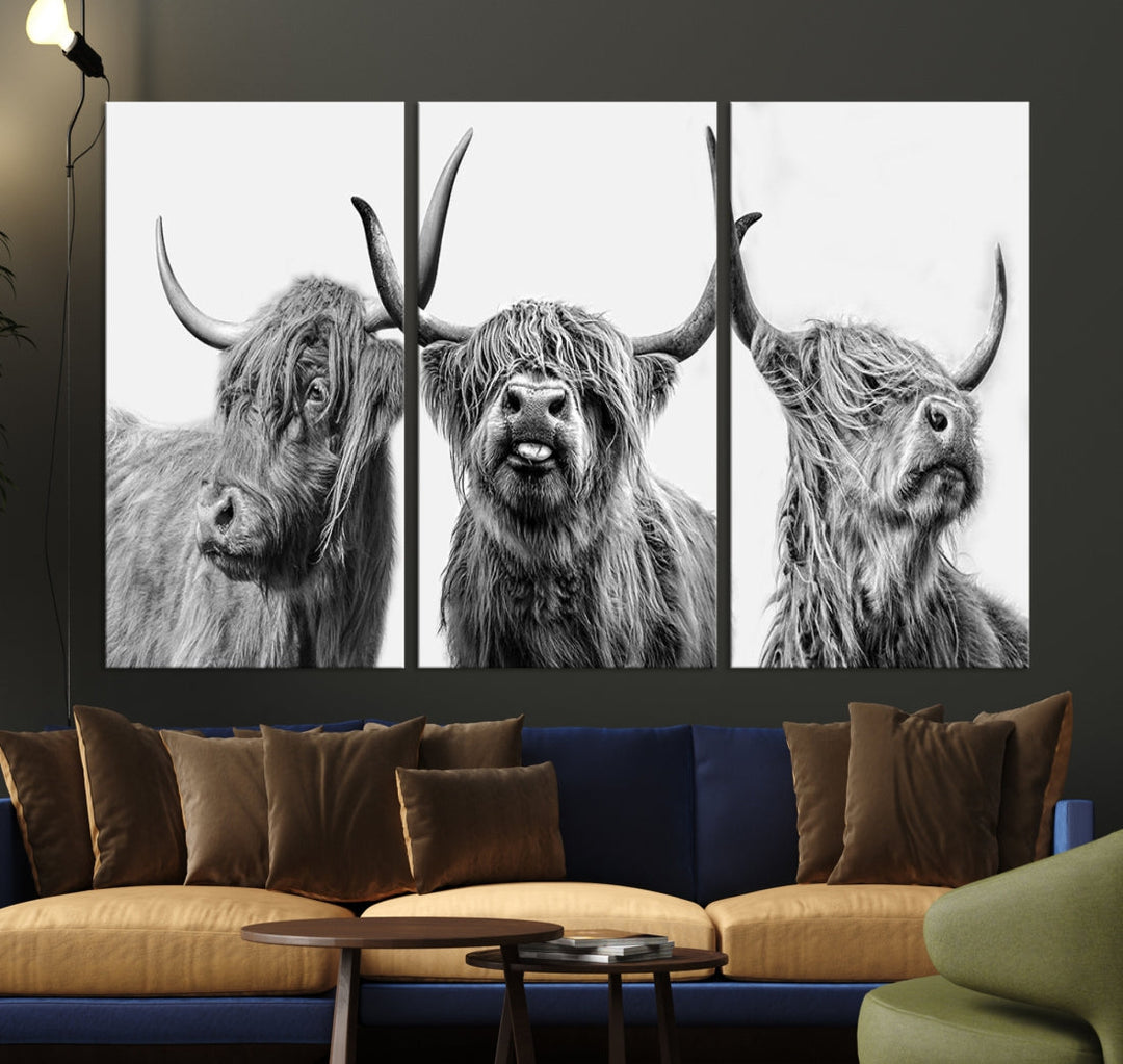 Highland Cow Canvas Wall Art Farmhouse Decor Cow Black White Print Rustic Wall Decor Animals Painting Scottish Cow Wall