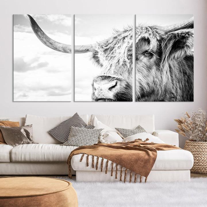 Highland Cow Canvas Wall Art Farmhouse Decor Cow Black White Print Rustic Wall Decor Animals Painting Scottish Cow Wall