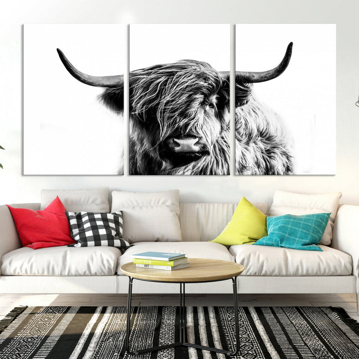 Highland Cow Canvas Wall Art Farmhouse Decor Cow Black White Print Rustic Wall Decor Animals Painting Scottish Cow Wall