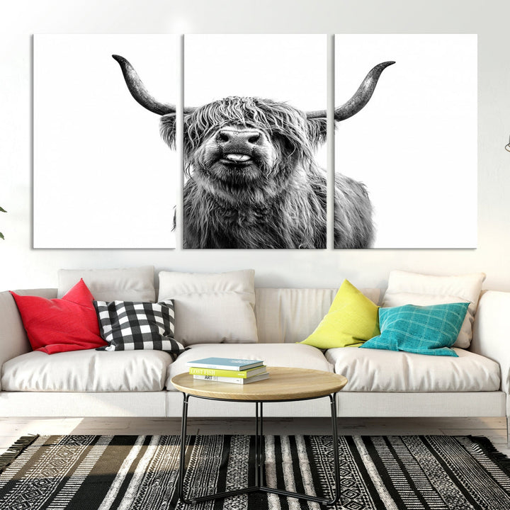 Highland Cow Canvas Wall Art Farmhouse Decor Cow Black White Print Rustic Wall Decor Animals Painting Scottish Cow Wall