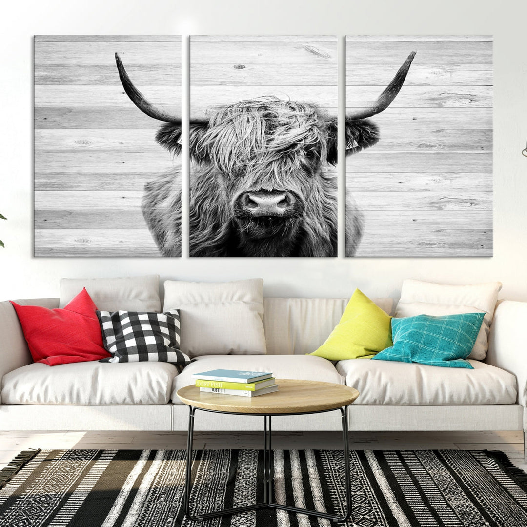 Highland Cow Canvas Wall Art Farmhouse Decor Cow Black White Print Rustic Wall Decor Animals Painting Scottish Cow Wall