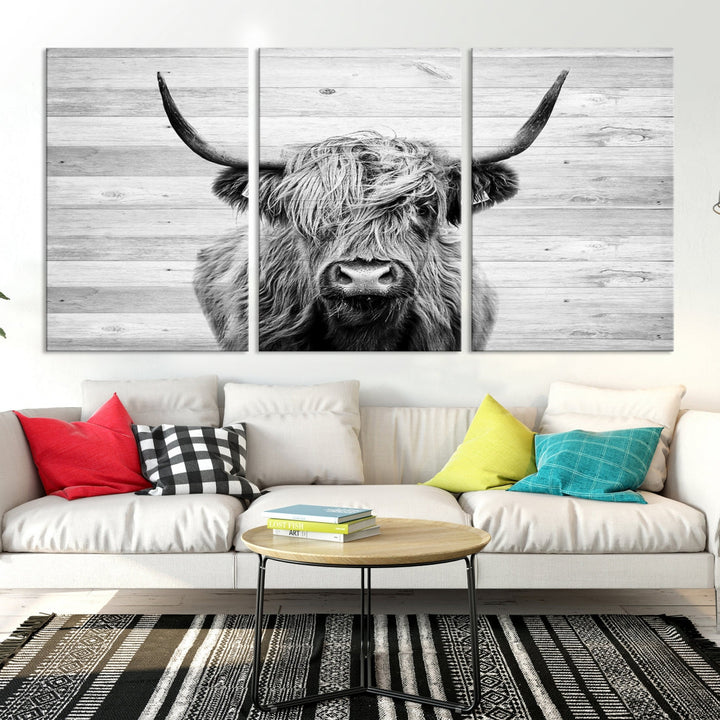 Highland Cow Canvas Wall Art Farmhouse Decor Cow Black White Print Rustic Wall Decor Animals Painting Scottish Cow Wall