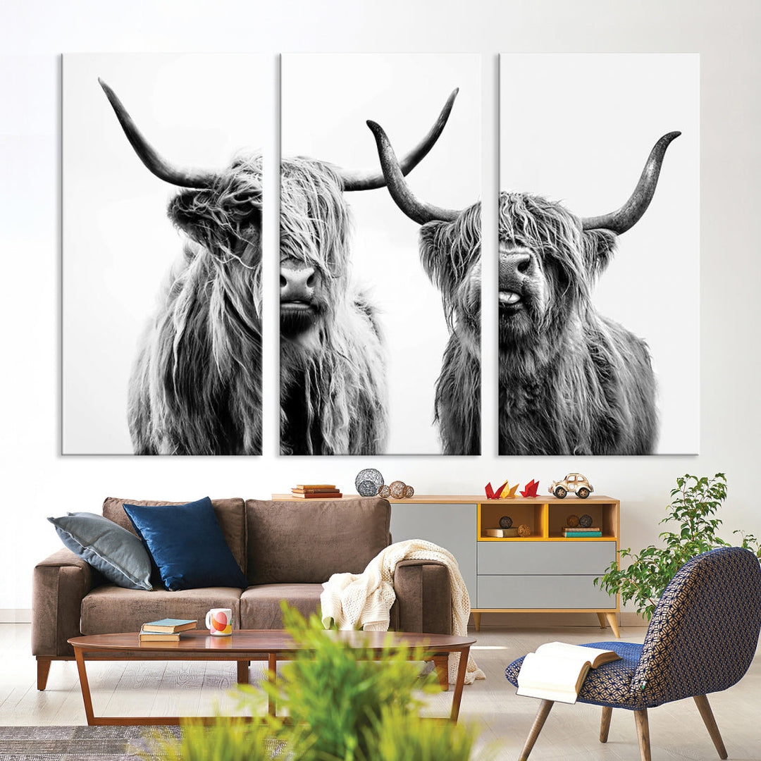 Highland Cow Canvas Wall Art Farmhouse Decor Cow Black White Print Rustic Wall Decor Animals Painting Scottish Cow Wall