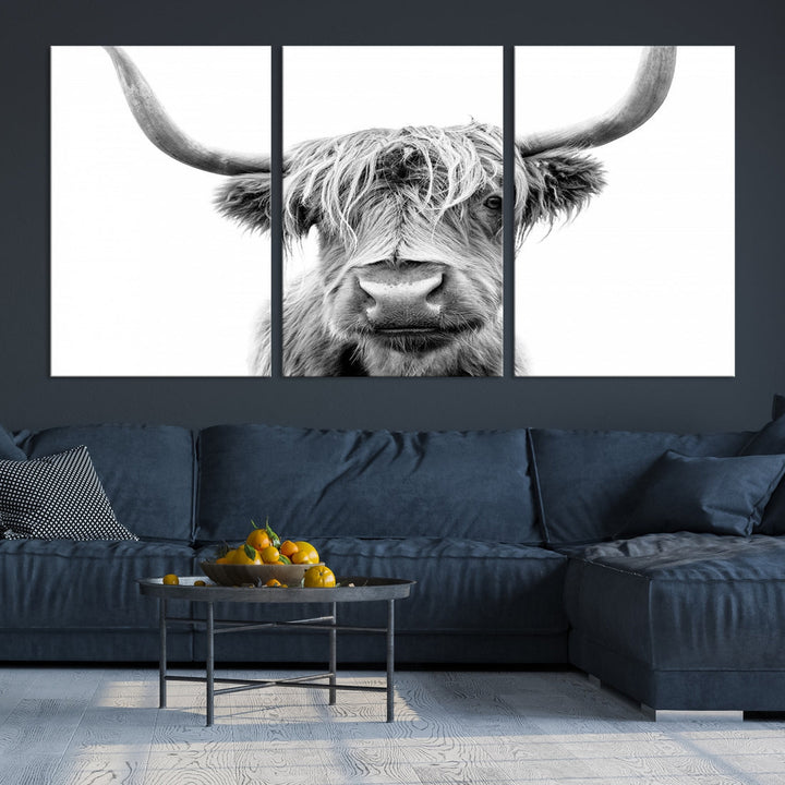 Highland Cow Canvas Wall Art Farmhouse Decor Cow Black White Print Rustic Wall Decor Animals Painting Scottish Cow Wall