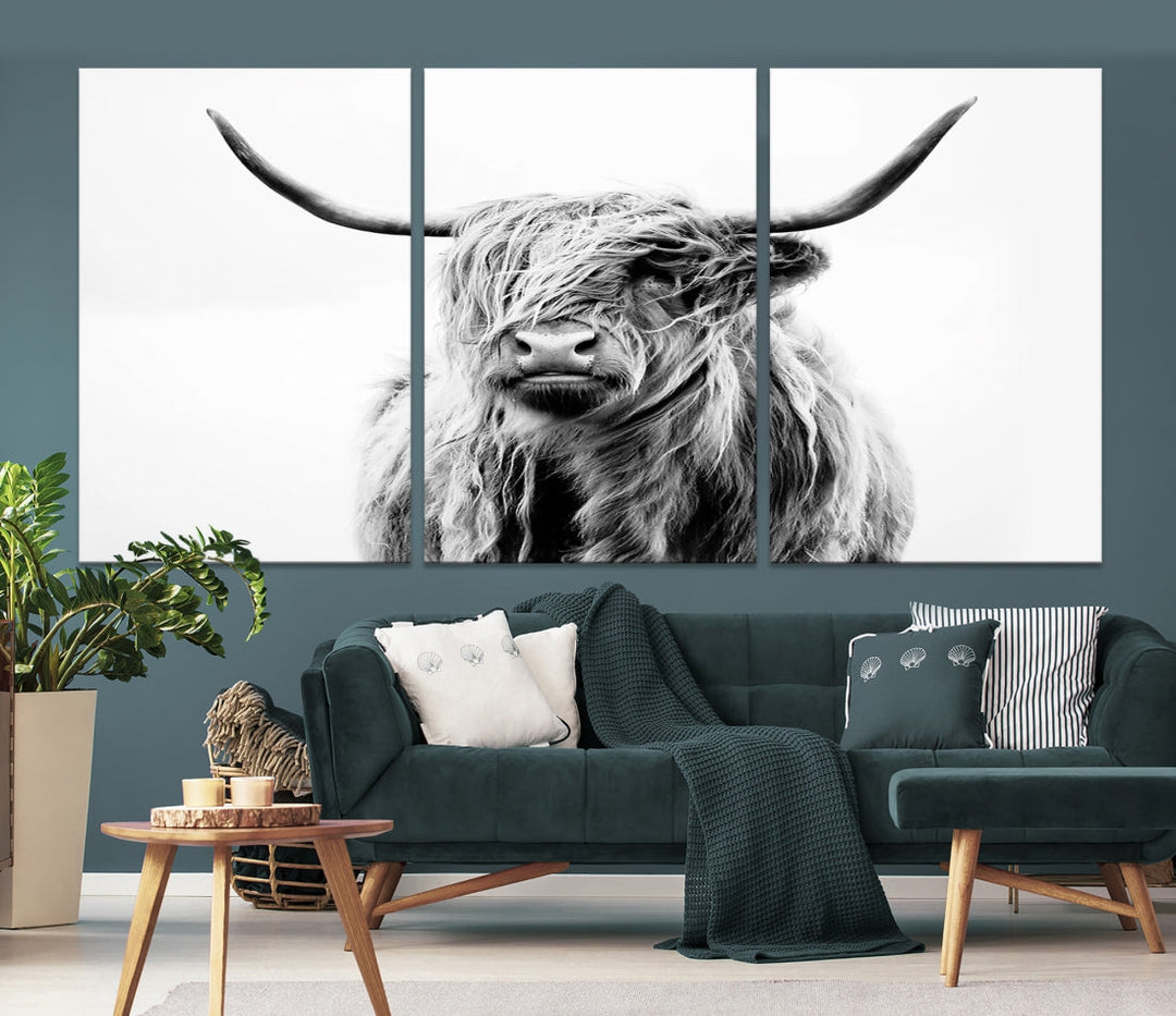 Highland Cow Canvas Wall Art Farmhouse Decor Cow Black White Print Rustic Wall Decor Animals Painting Scottish Cow Wall