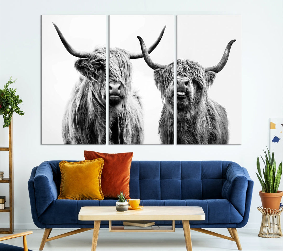 Highland Cow Canvas Wall Art Farmhouse Decor Cow Black White Print Rustic Wall Decor Animals Painting Scottish Cow Wall