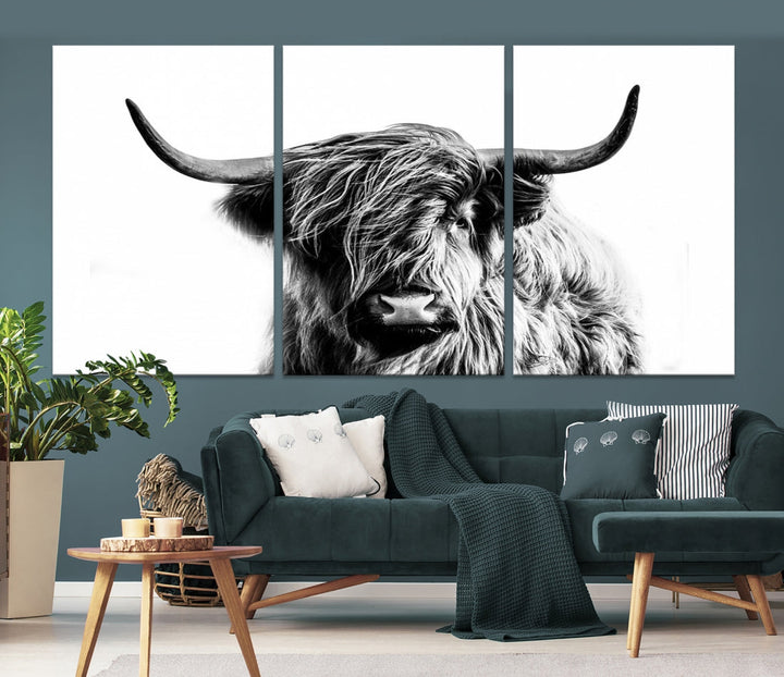 Highland Cow Canvas Wall Art Farmhouse Decor Cow Black White Print Rustic Wall Decor Animals Painting Scottish Cow Wall