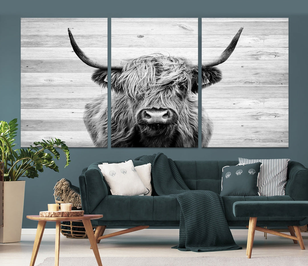 Highland Cow Canvas Wall Art Farmhouse Decor Cow Black White Print Rustic Wall Decor Animals Painting Scottish Cow Wall