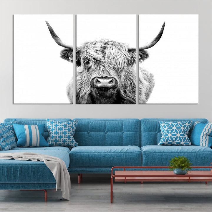 Highland Cow Canvas Wall Art Farmhouse Decor Cow Black White Print Rustic Wall Decor Animals Painting Scottish Cow Wall