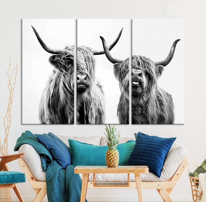 Highland Cow Canvas Wall Art Farmhouse Decor Cow Black White Print Rustic Wall Decor Animals Painting Scottish Cow Wall