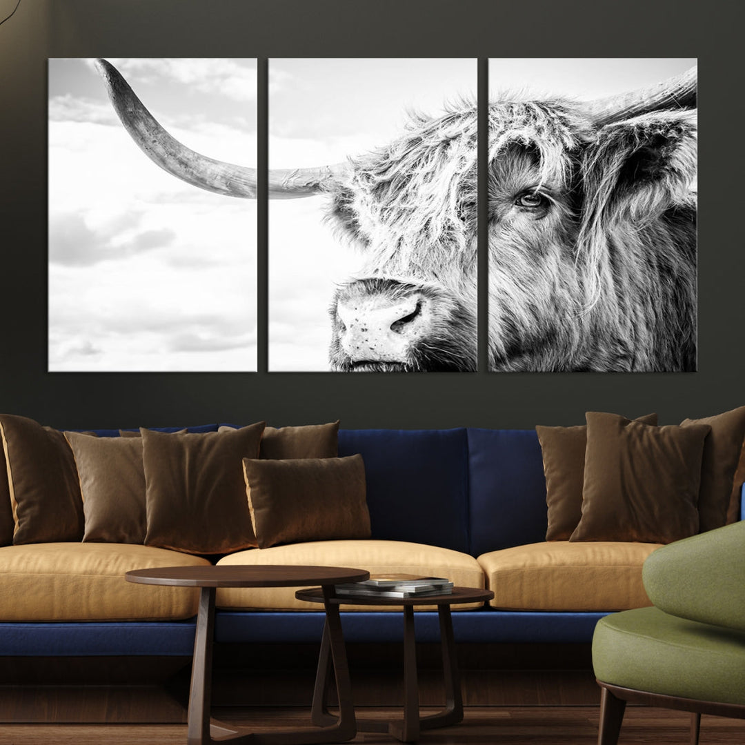 Highland Cow Canvas Wall Art Farmhouse Decor Cow Black White Print Rustic Wall Decor Animals Painting Scottish Cow Wall