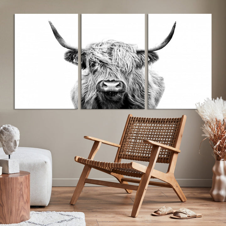 Highland Cow Canvas Wall Art Farmhouse Decor Cow Black White Print Rustic Wall Decor Animals Painting Scottish Cow Wall