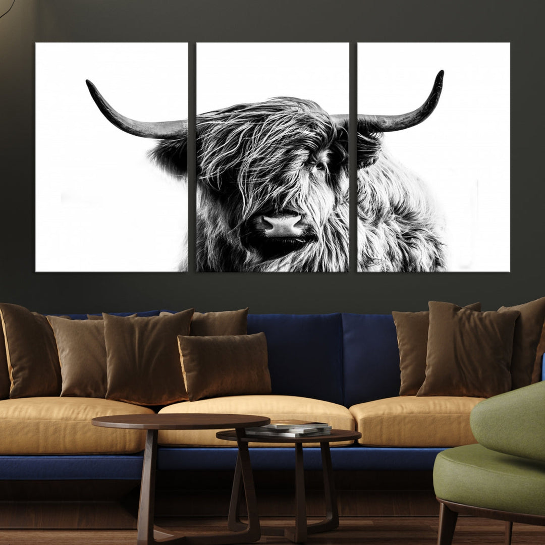 Highland Cow Canvas Wall Art Farmhouse Decor Cow Black White Print Rustic Wall Decor Animals Painting Scottish Cow Wall