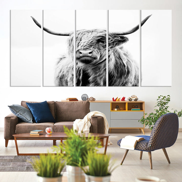 Highland Cow Canvas Wall Art Farmhouse Decor Cow Black White Print Rustic Wall Decor Animals Painting Scottish Cow Wall