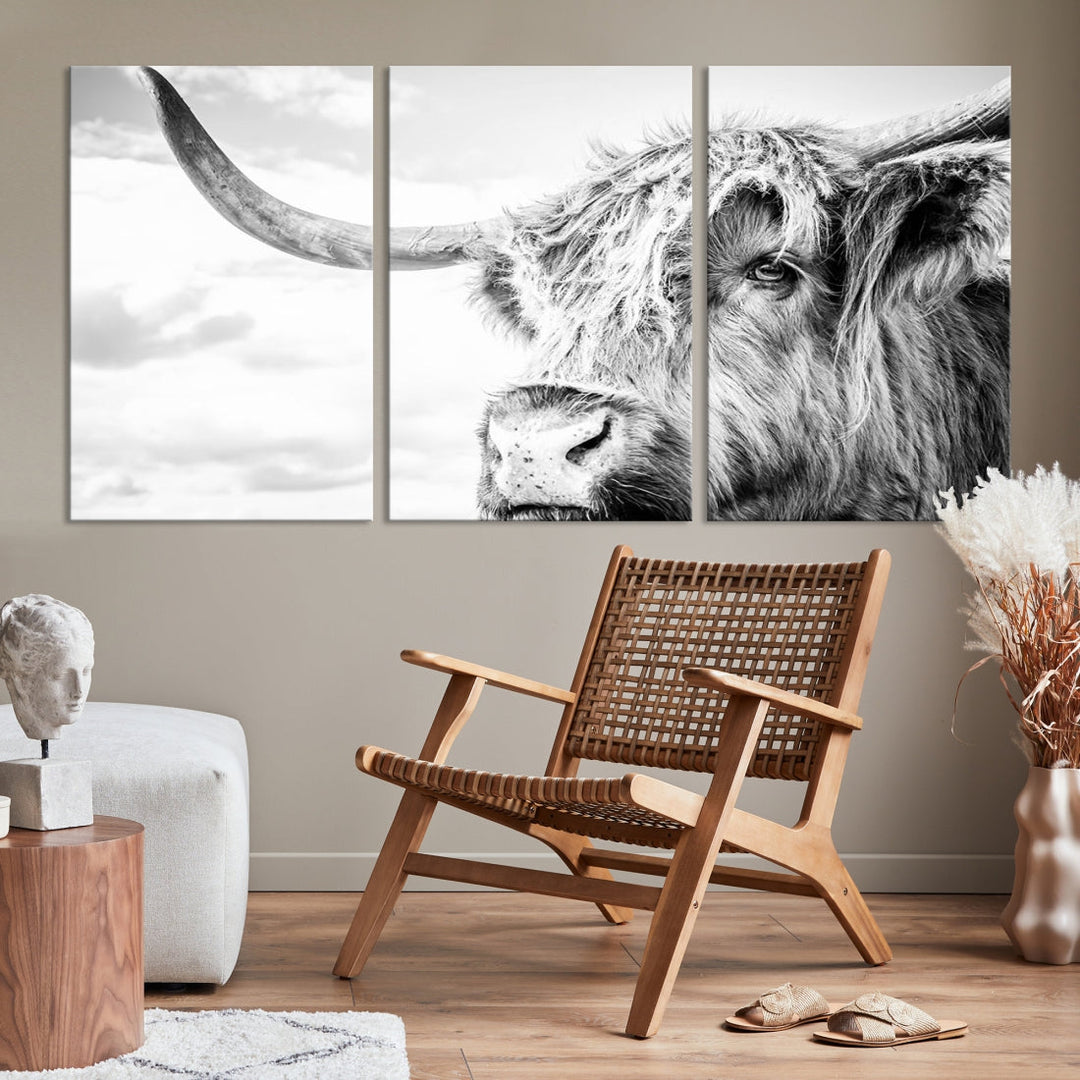 Highland Cow Canvas Wall Art Farmhouse Decor Cow Black White Print Rustic Wall Decor Animals Painting Scottish Cow Wall