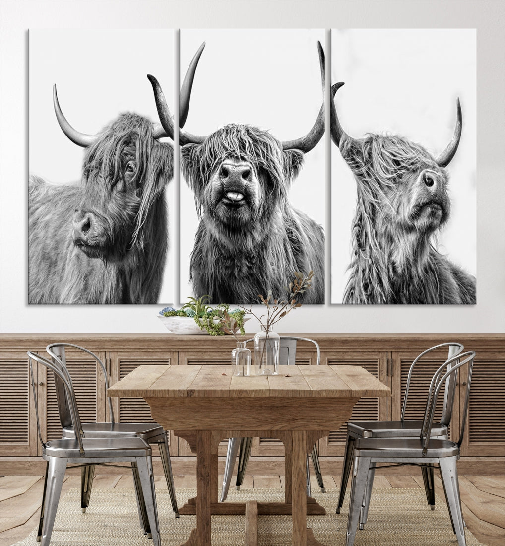 Highland Cow Canvas Wall Art Farmhouse Decor Cow Black White Print Rustic Wall Decor Animals Painting Scottish Cow Wall