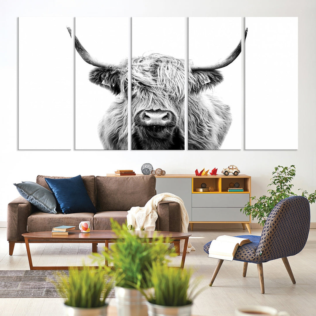 Highland Cow Canvas Wall Art Farmhouse Decor Cow Black White Print Rustic Wall Decor Animals Painting Scottish Cow Wall