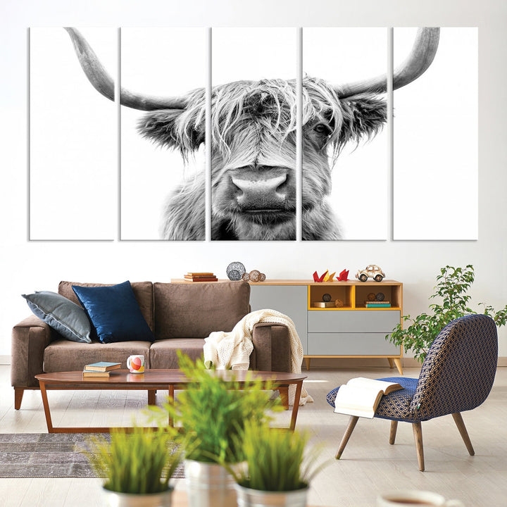 Highland Cow Canvas Wall Art Farmhouse Decor Cow Black White Print Rustic Wall Decor Animals Painting Scottish Cow Wall