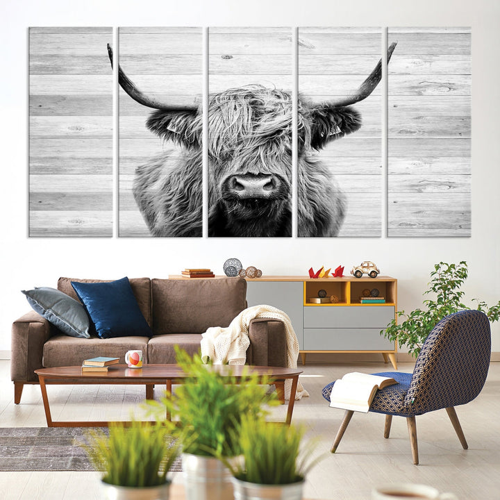 Highland Cow Canvas Wall Art Farmhouse Decor Cow Black White Print Rustic Wall Decor Animals Painting Scottish Cow Wall