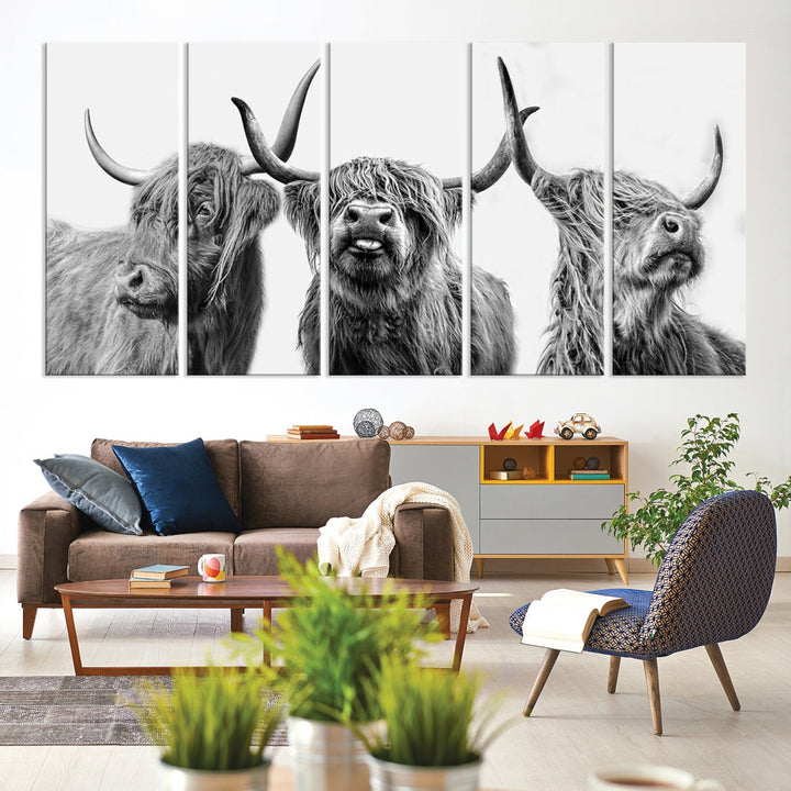 Highland Cow Canvas Wall Art Farmhouse Decor Cow Black White Print Rustic Wall Decor Animals Painting Scottish Cow Wall