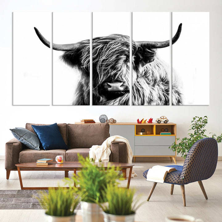 Highland Cow Canvas Wall Art Farmhouse Decor Cow Black White Print Rustic Wall Decor Animals Painting Scottish Cow Wall