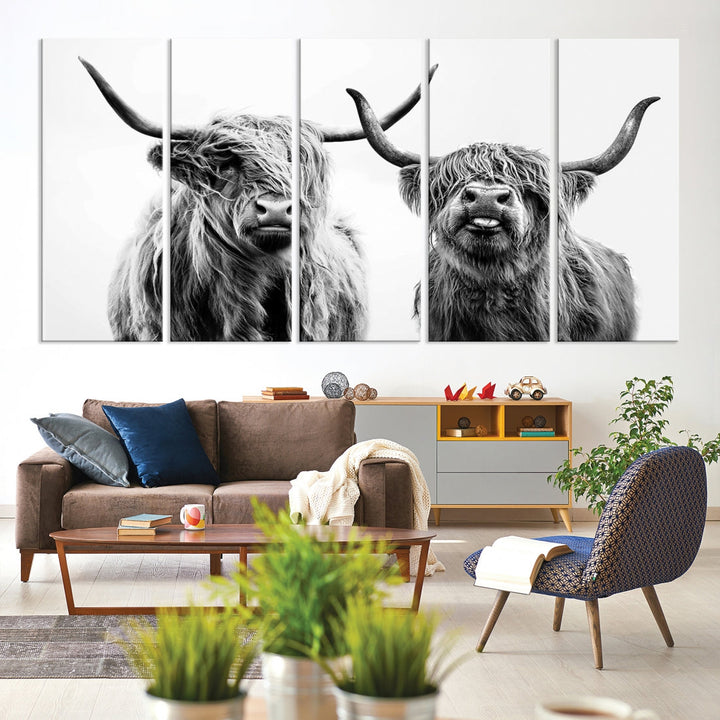 Highland Cow Canvas Wall Art Farmhouse Decor Cow Black White Print Rustic Wall Decor Animals Painting Scottish Cow Wall