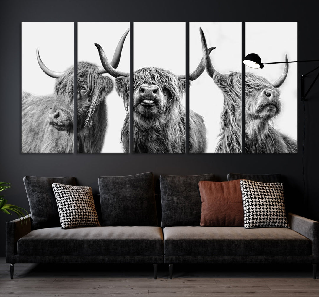 Highland Cow Canvas Wall Art Farmhouse Decor Cow Black White Print Rustic Wall Decor Animals Painting Scottish Cow Wall