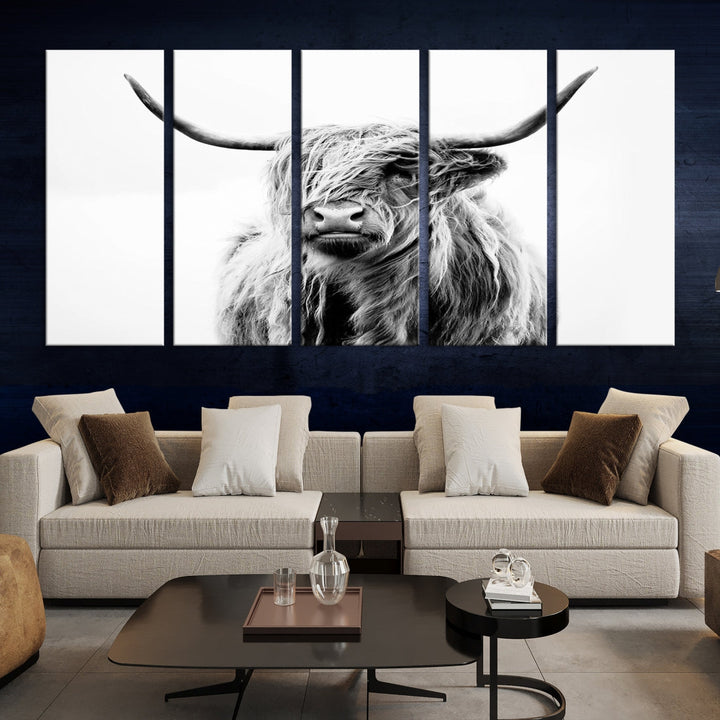 Highland Cow Canvas Wall Art Farmhouse Decor Cow Black White Print Rustic Wall Decor Animals Painting Scottish Cow Wall