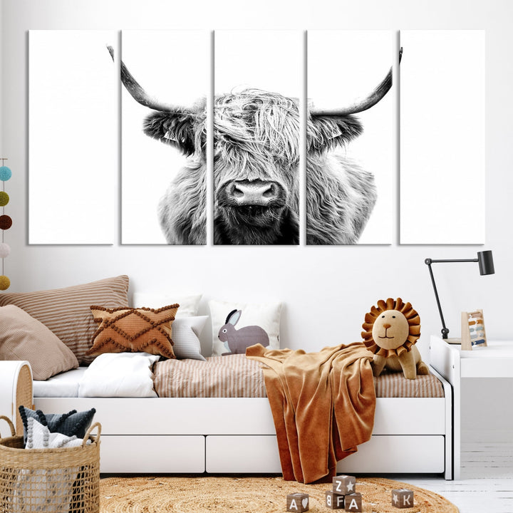 Highland Cow Canvas Wall Art Farmhouse Decor Cow Black White Print Rustic Wall Decor Animals Painting Scottish Cow Wall