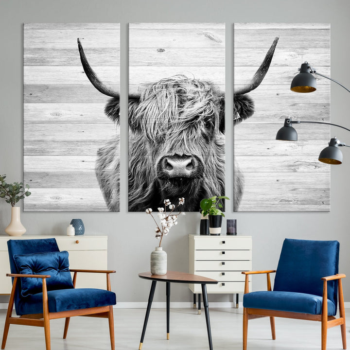 Highland Cow Canvas Wall Art Farmhouse Decor Cow Black White Print Rustic Wall Decor Animals Painting Scottish Cow Wall