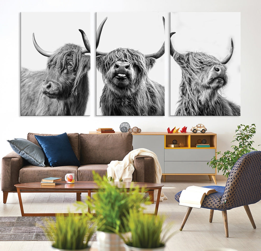 Highland Cow Canvas Wall Art Farmhouse Decor Cow Black White Print Rustic Wall Decor Animals Painting Scottish Cow Wall