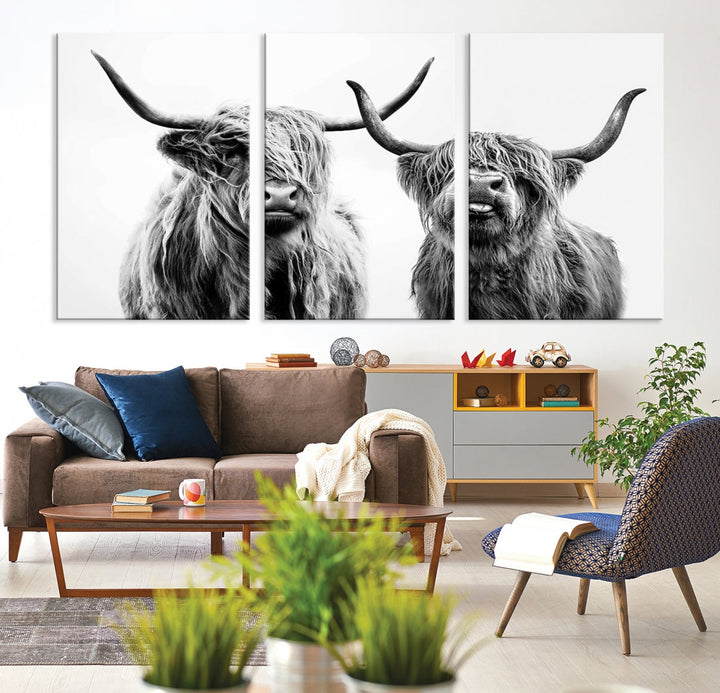 Highland Cow Canvas Wall Art Farmhouse Decor Cow Black White Print Rustic Wall Decor Animals Painting Scottish Cow Wall