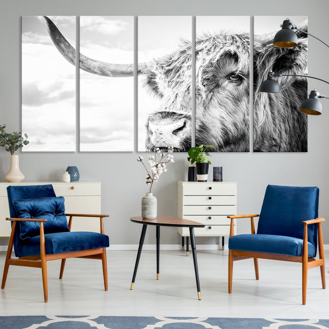 Highland Cow Canvas Wall Art Farmhouse Decor Cow Black White Print Rustic Wall Decor Animals Painting Scottish Cow Wall