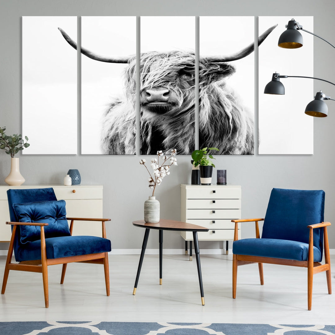 Highland Cow Canvas Wall Art Farmhouse Decor Cow Black White Print Rustic Wall Decor Animals Painting Scottish Cow Wall