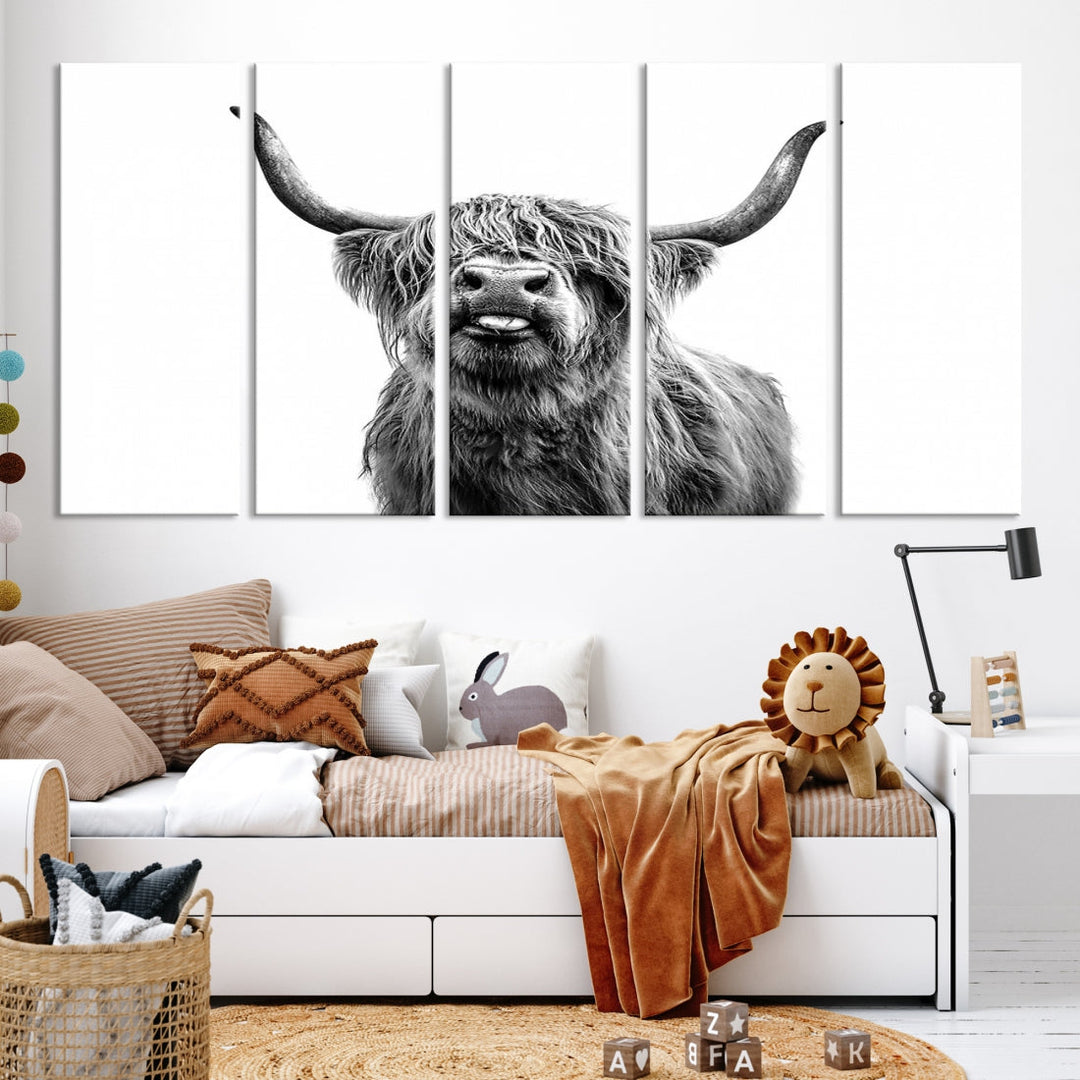 Highland Cow Canvas Wall Art Farmhouse Decor Cow Black White Print Rustic Wall Decor Animals Painting Scottish Cow Wall