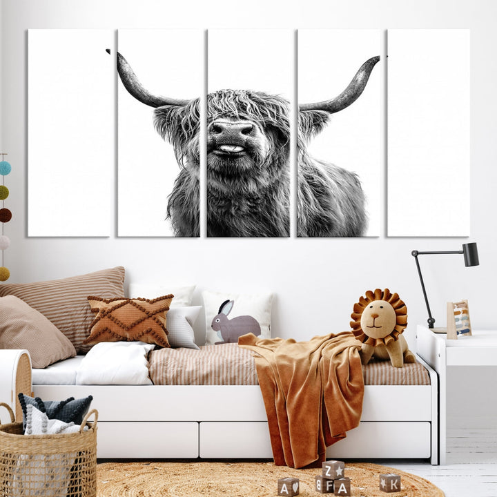 Highland Cow Canvas Wall Art Farmhouse Decor Cow Black White Print Rustic Wall Decor Animals Painting Scottish Cow Wall