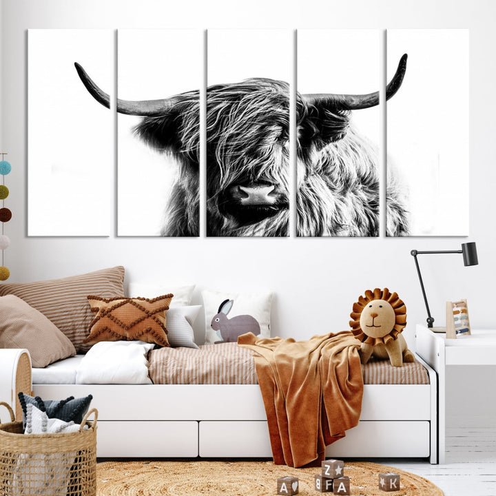 Highland Cow Canvas Wall Art Farmhouse Decor Cow Black White Print Rustic Wall Decor Animals Painting Scottish Cow Wall