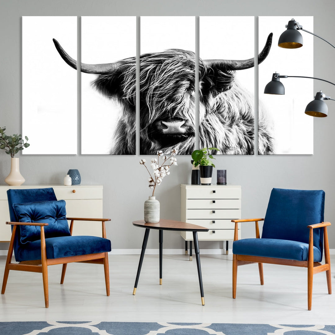 Highland Cow Canvas Wall Art Farmhouse Decor Cow Black White Print Rustic Wall Decor Animals Painting Scottish Cow Wall