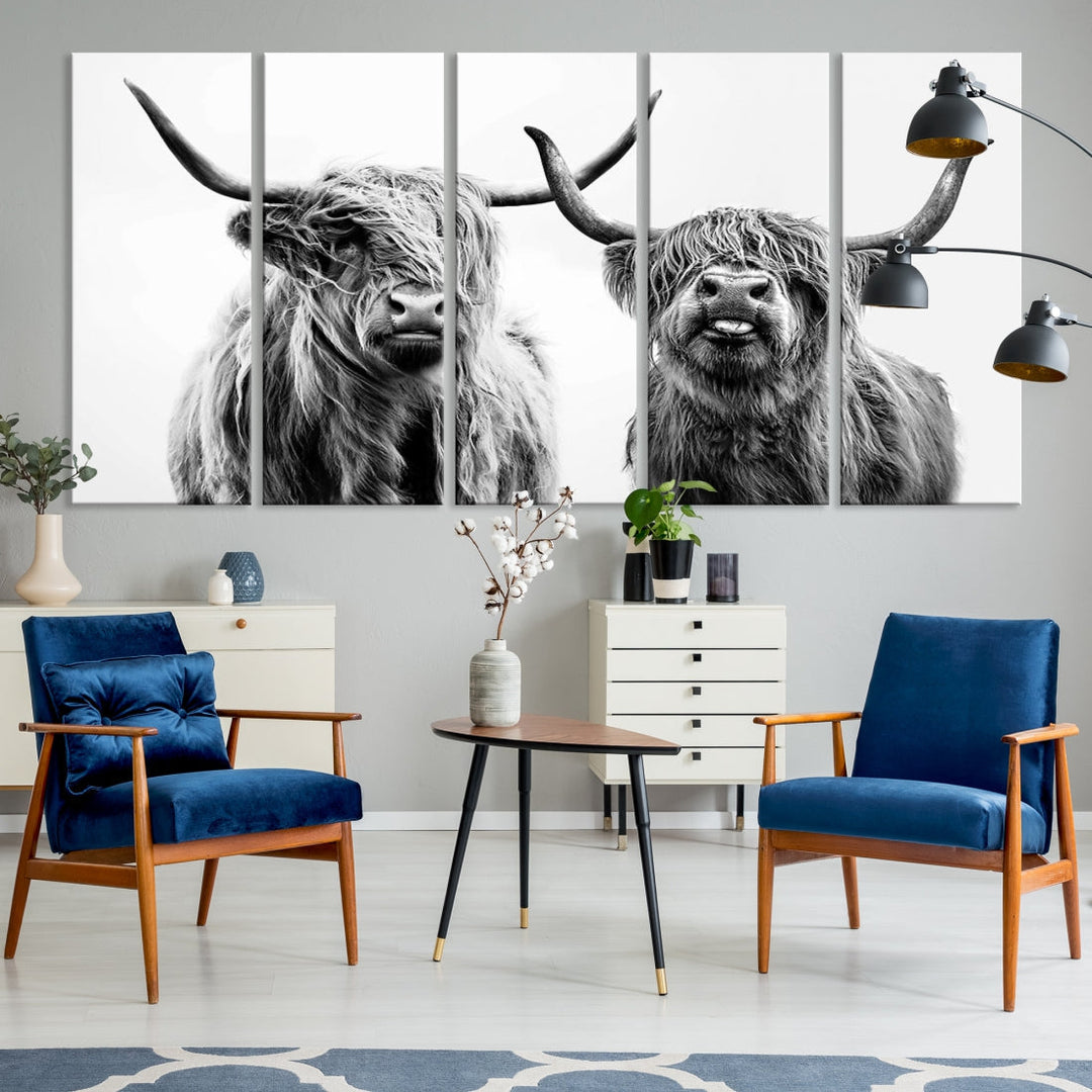 Highland Cow Canvas Wall Art Farmhouse Decor Cow Black White Print Rustic Wall Decor Animals Painting Scottish Cow Wall